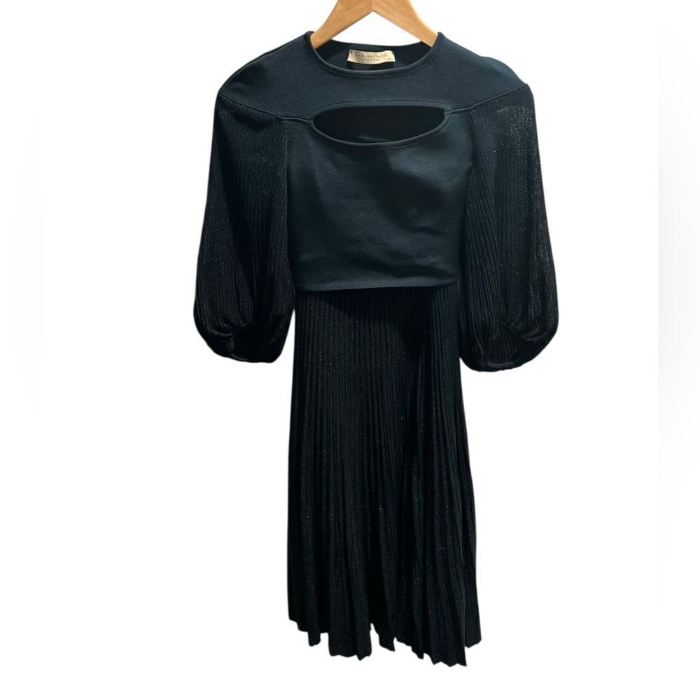 Paola Bernardi Green Pleated Two-Piece Set Puff Sleeve Crop Top & Skirt XS